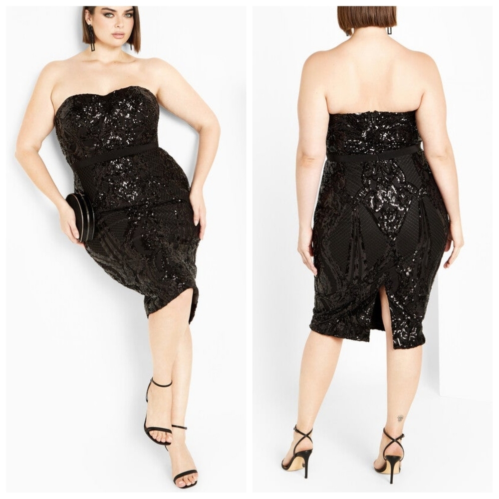 City Chic Sequin Sofia Sweetheart Close Fit Dress | Size 14 | NWT | Black